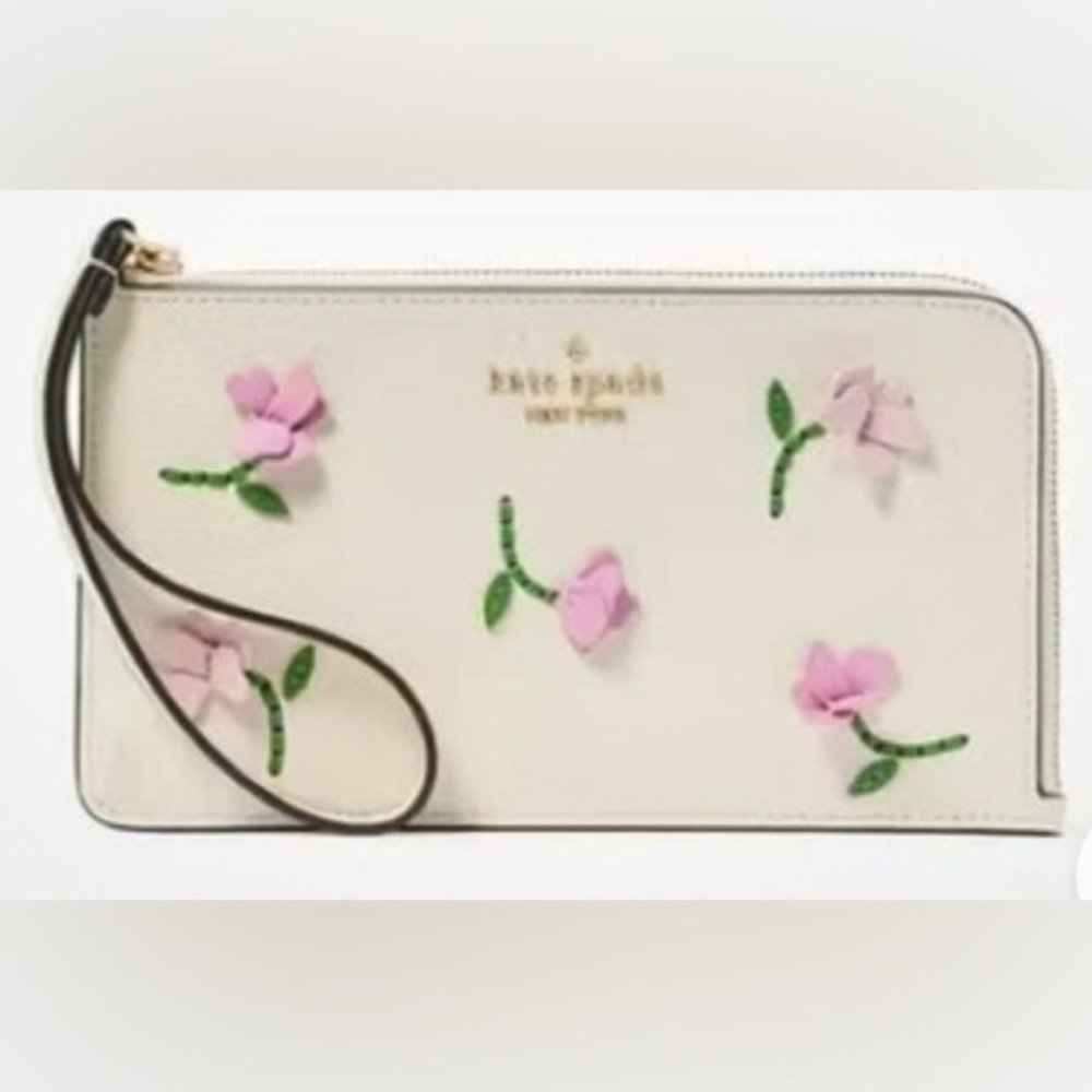 Kate Spade Cream Lucy Applique Medium L-Zip Wristlet with Pink Floral Accents